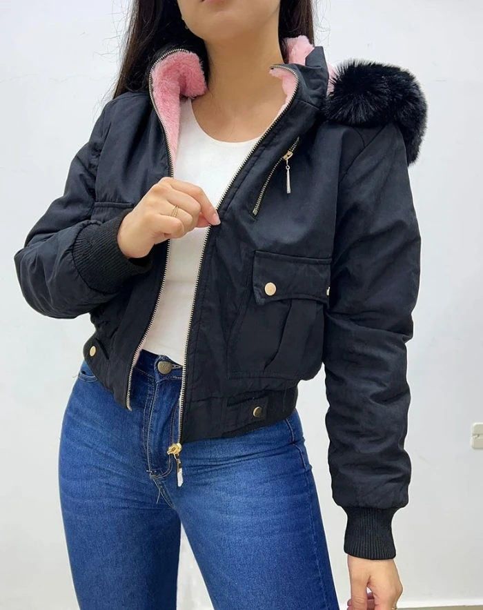 

Elegant 2025 Autumn Winter Spring New Fashion Casual Fuzzy Trim Hooded Zip Up Pocket Design Lined Coat Jacket