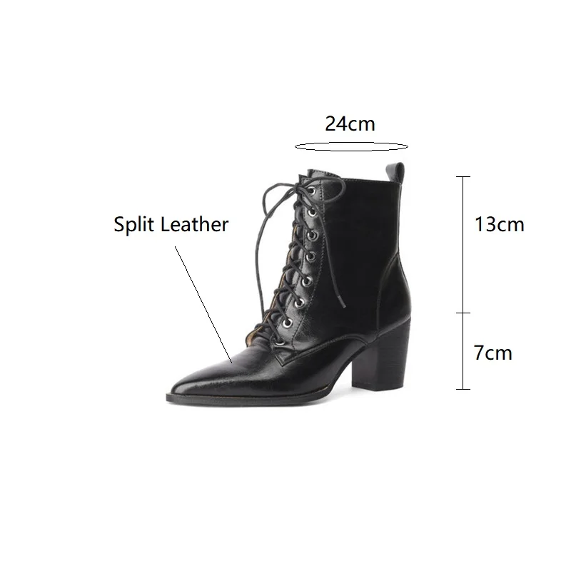 2023 Autumn Split Leather Lace High Heel Women Boots Pointed Toe Chunky Heels Short Boots for Women Winter Boots Zapatos Mujer