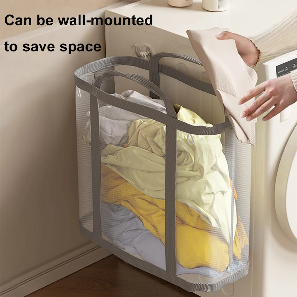 1 قطعة سلة الغسيل الشبكية النايلون مع مقبض تنفس للطي المحمولة الملابس القذرة المنظم أكياس سعة كبيرة حقيبة التخزين