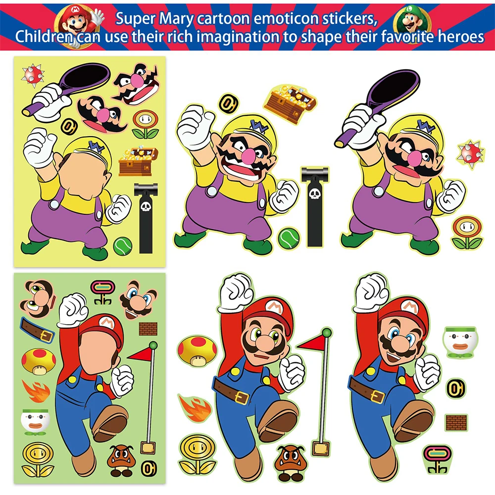 6/12sheets Super Mario Cartoon Game Puzzle Stickers Make a Face Children DIY Assemble Jigsaw Decals Toy Kid Birthday Party Gift