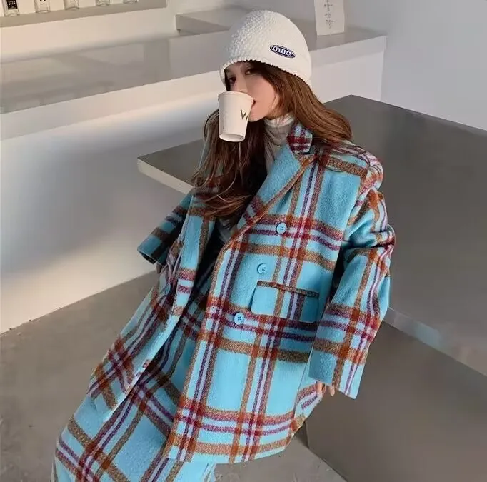 

Wool Blend Coats Womens Woolen Coat Handmade Autumn Tweed Color-Blocking Double-Breasted Buttoned Stand-Up Collar Cropped Sided