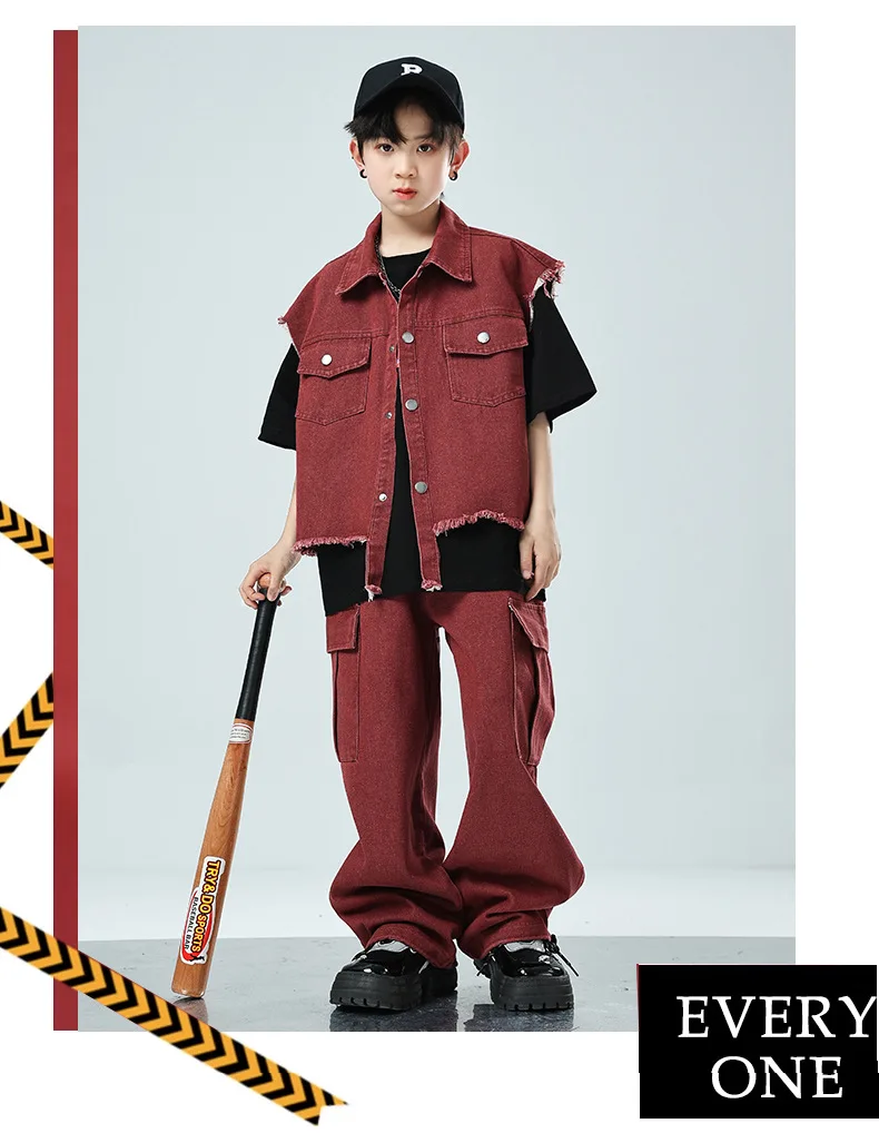 Hip Hop Mädchen coole Jeans Weste Grat Rand Cargo Jeans Kleidung setzt Jungen Jazz Street Dance T-Shirt Kind Kinder Streetwear Kostüme – Detail 6