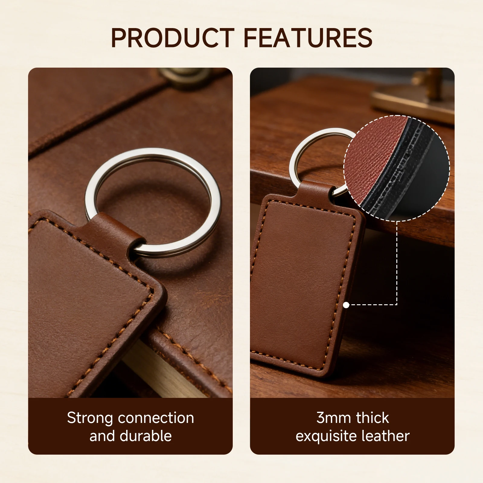 5Pcs Personalizable PU Leather Keychain Blanks for Laser Engraver, Durable Brown DIY Key Ring Tags