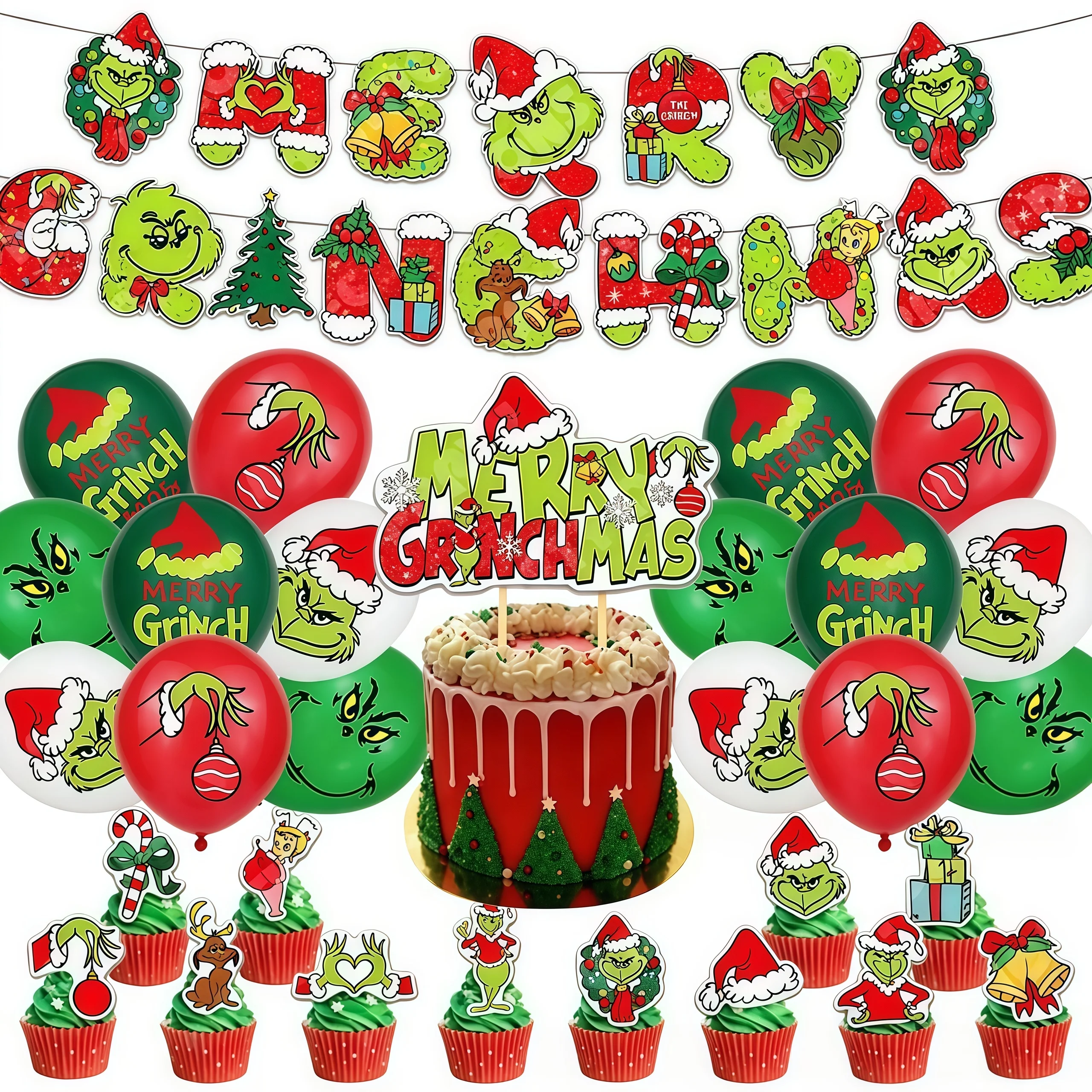 Grincs Party Balloon Decoration Stole Christmas Green Red Merry Xmas Banner Cake Disposable Tableware Happy Birthday Supplies