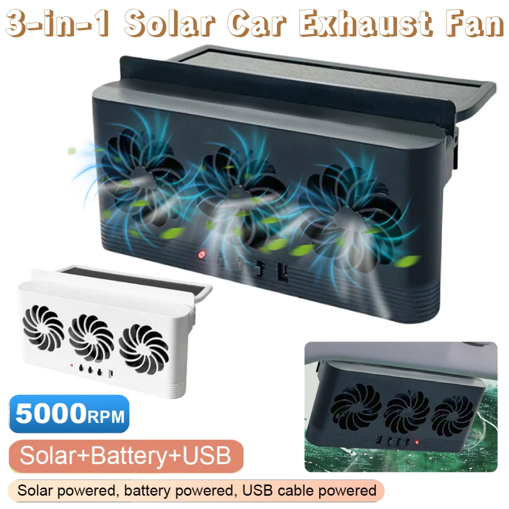 

3-in-1 5000 RPM 2.5W 5.5V Solar Car Exhaust Fan with 3 Air Outlets Car Radiator Cooling Fan Air Vent Fan Eliminate Peculiar