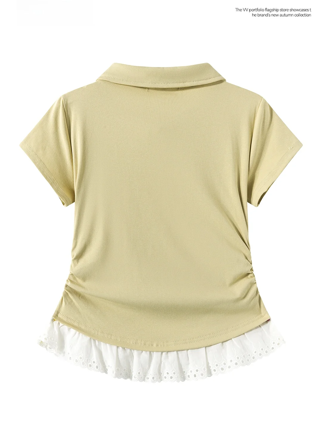 Slim Fit Lace Collar Short Sleeve T-Shirt Women's Summer Green Top Fake Two-Piece Embroidered Patchwork Button Detail