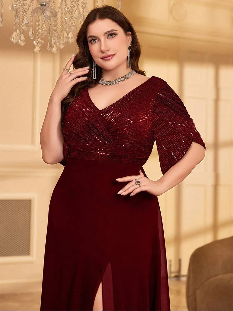 Plus size V-neck short-sleeved luxury chiffon floor-length sparkling evening dress Big Size banquet sparkling evening dress