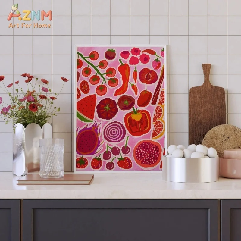 AZNM Pink Background Colorful Fruit Vegetable Canvas Wall Art Hand Drawn Watermelon Dragon Pepper Print Unframed Canvas Trendy B