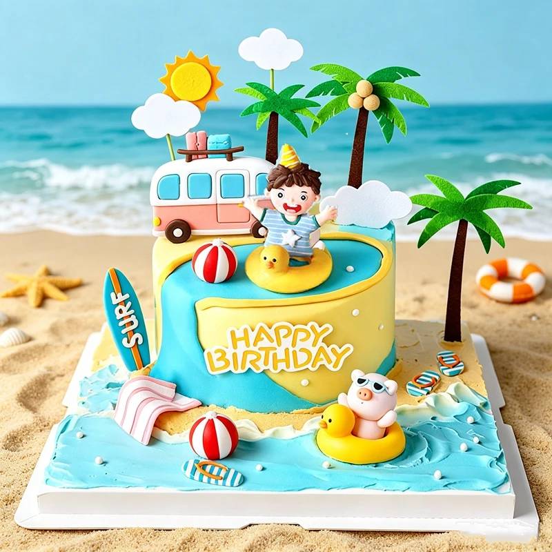 Sommer-Strand-Thema Geburtstagstorten-Dekoration Schwimmbad Tortendekoration Strand Surfbrett Flip-Flop Urlaub Ferien Kuchendekoration