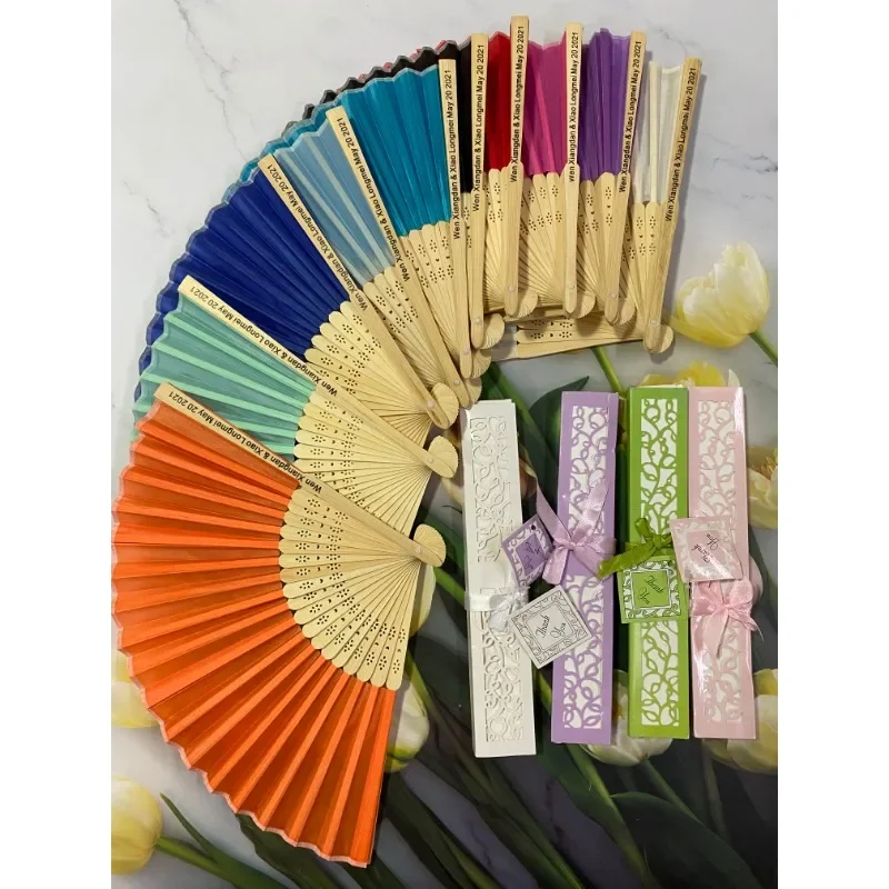 30 pcs/lot Personalized Luxurious Silk Fold hand Fan in Elegant Laser-Cut Gift Box +Party Favors/wedding Gifts+printing