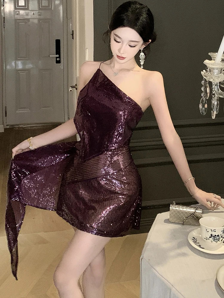 2025 Purple Sequins Chic Diagonal Collar Sexy Dress Summer Korean Elegant Bodycon Kawaii Dress Women Fashion Festival Prom Dress