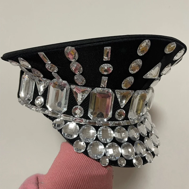 

Silver Rhinestone Hat Nightclub Gogo Dancer Rave Outfit Singer Stage Costume Adult Women Accessories Cosplay Headdress VDB5112