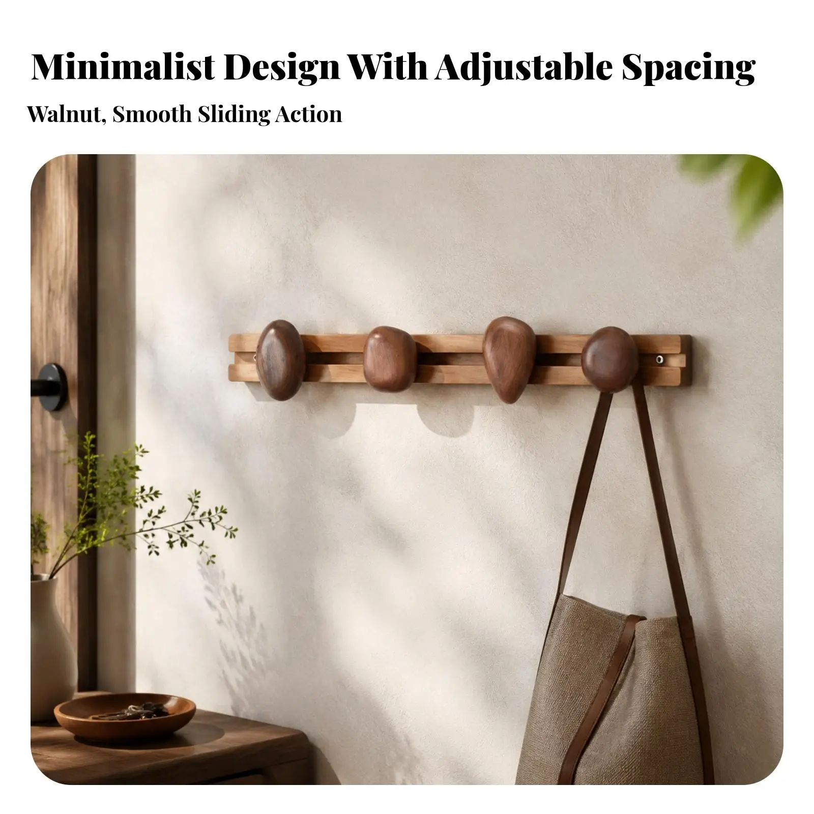 Black Walnut Wall Hook Rail with Sliding Hooks No-Drill Mounting Adjustable Wall-Mounted Coat Hook Rail Multi-Functional