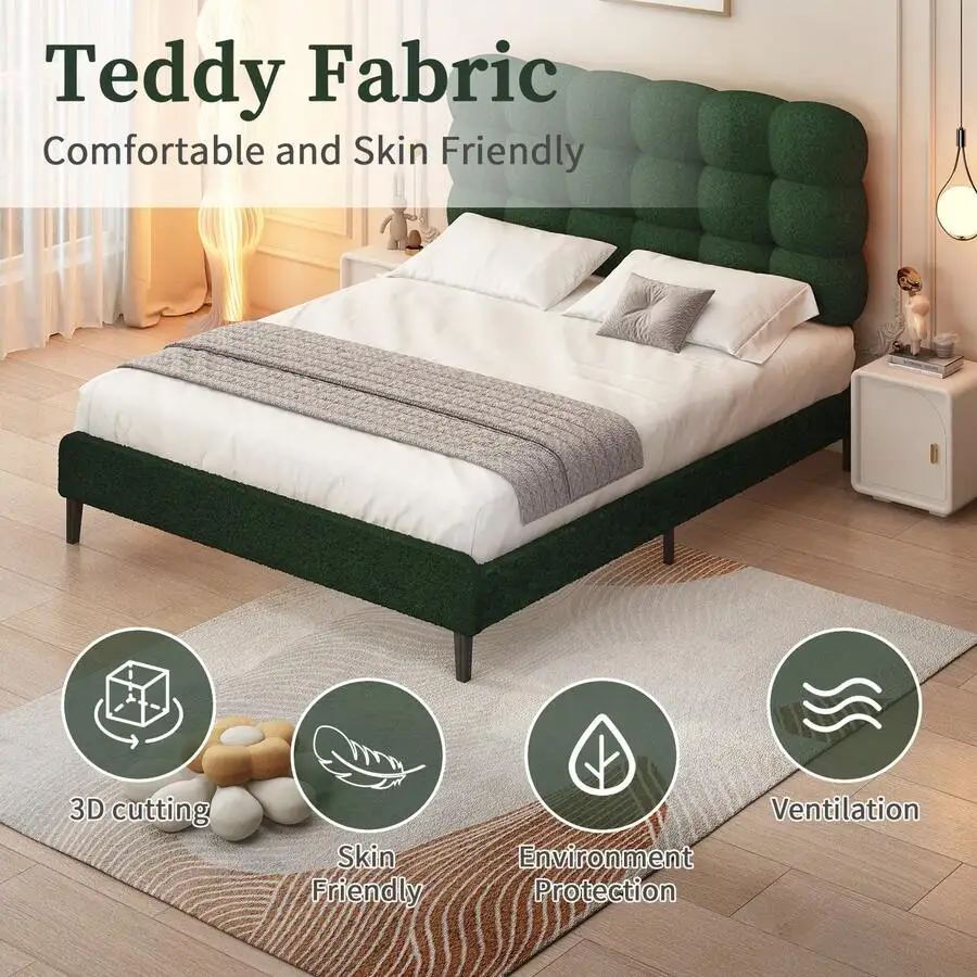 Upholstered Platform Bed Frame With Headboard, Boucle Upholstered Bed Frame With Strong Wooden Slats Support, Two Bed Forms Design, Bedroom Furniture, No Boxing Spring Needed, Easy Assembly