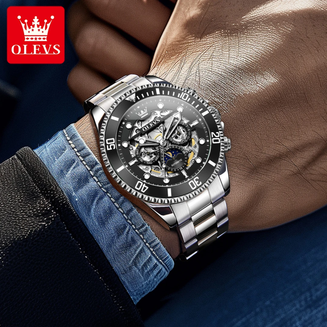 OLEVS 6715 Mechanical Fashion Watch Gift Stainless Steel Watchband Round-dial Wristwatch Luminous Small second
