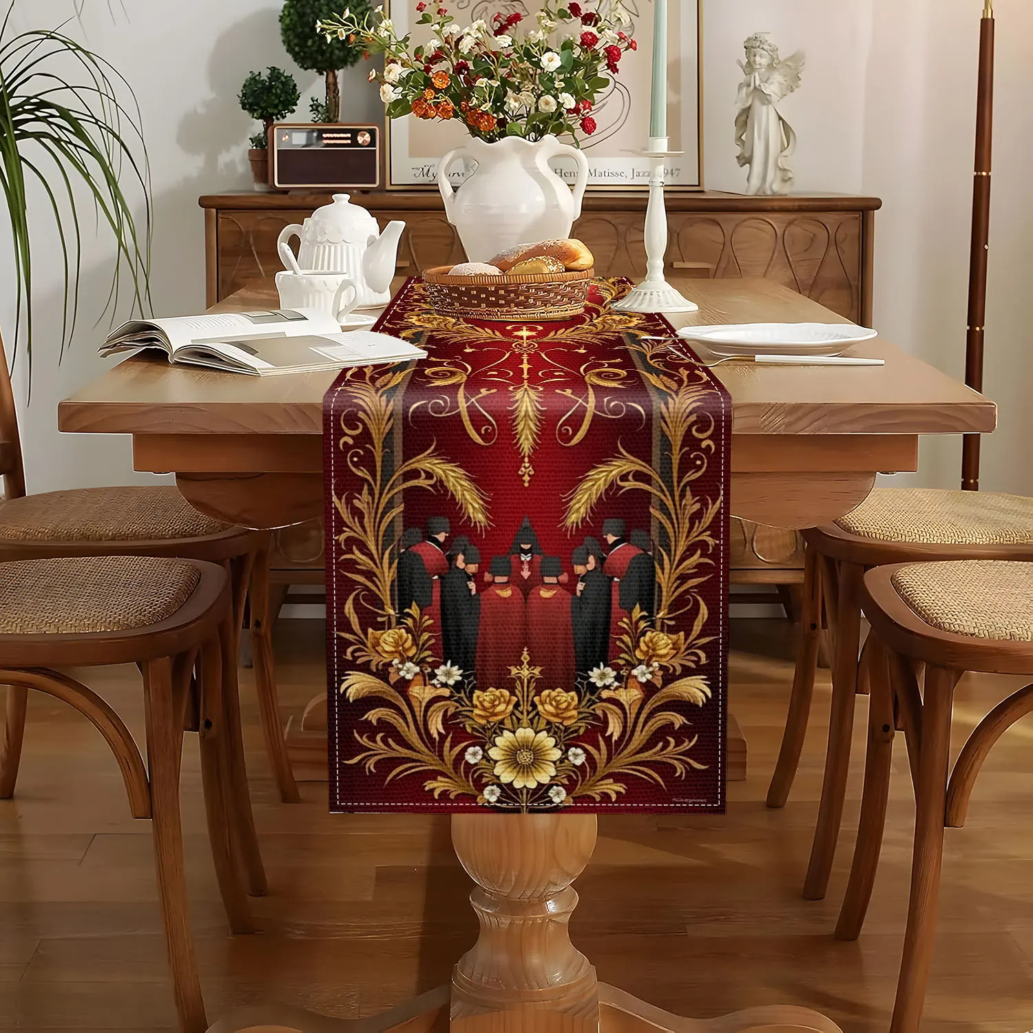 1 Piece of Table Flag with Religious Ritual Themes, Religious Relics, Figures and Golden Patterns, Suitable for Religious Venue Decoration, Religious Culture Exhibitions, Church Theme Activities, Religious-Related Cultural and Creative Store Displays, Home Decoration with Religious Atmosphere, Religious Cultural Exchange Activities