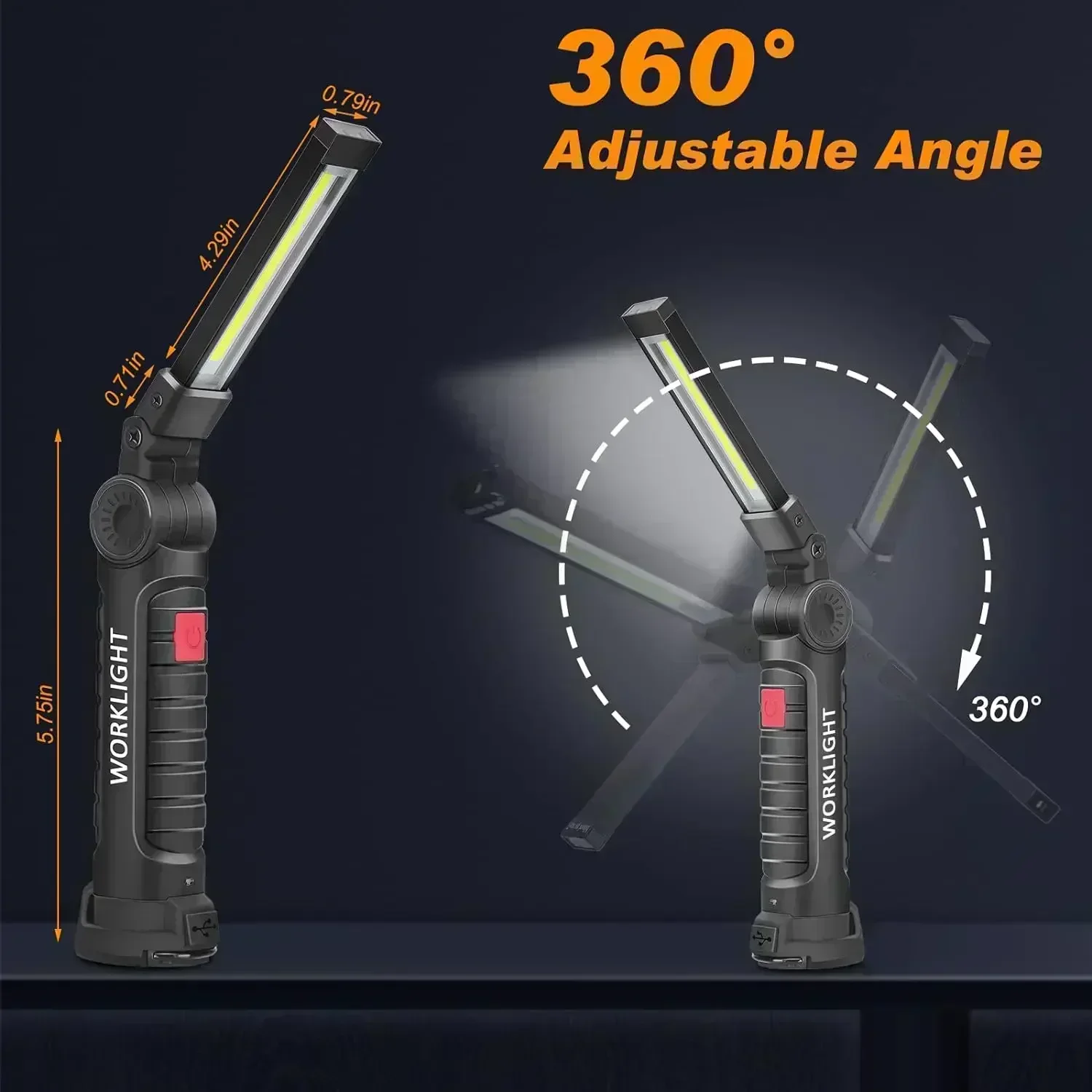 Led Work Light Magnetic Base Hook Rechargeable 360°Rotating Portable Handheld Flashlight For Working Repairing Outdoor Camping