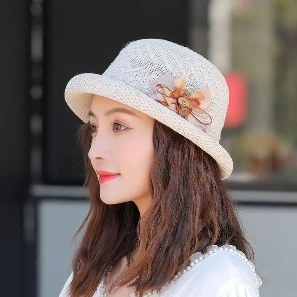 Casual Solid Color Flower Fisherman Hat Korean Style Rolled Brim Sunscreen Bucket Cap Shade Versatile Women Sun Cap Daily