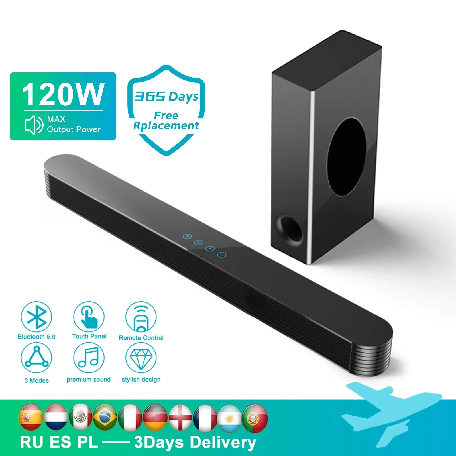 Top! 120W Bluetooth Soundbar with Subwoofer Bluetooth Speaker for TV Bass 3D Stereo Surround Sound for Home Theater Sound box