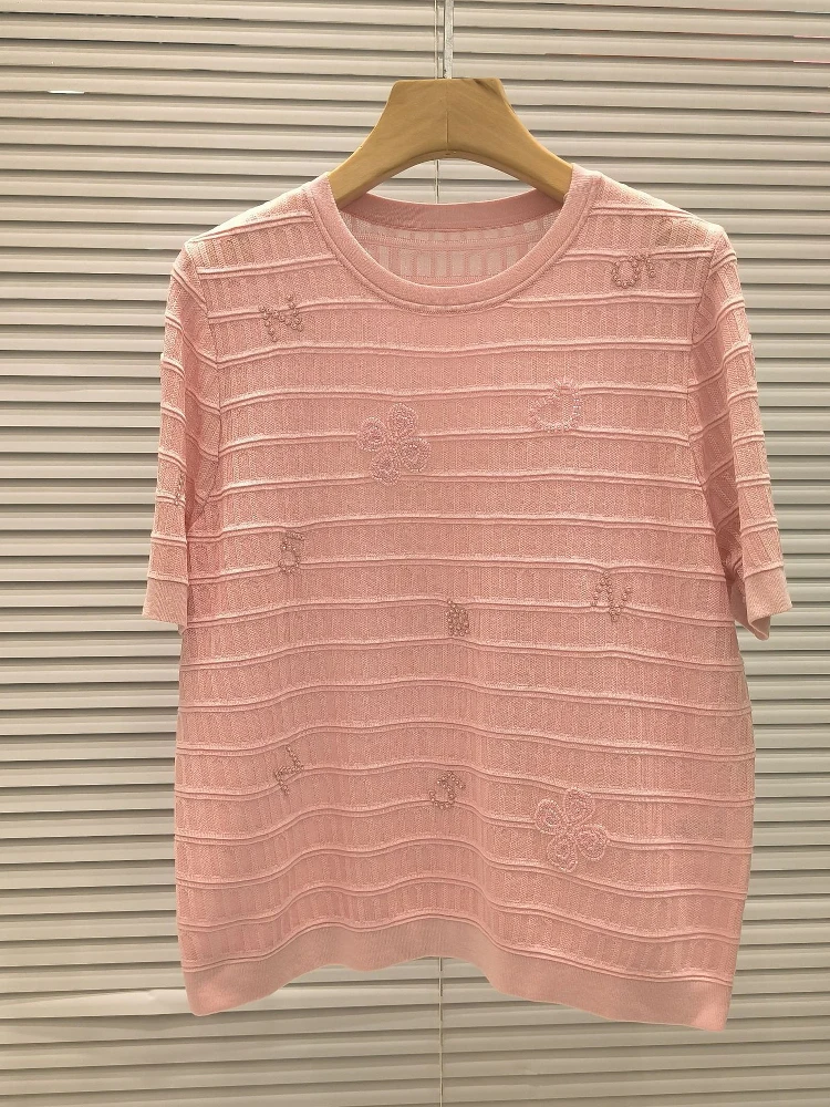 

High-End Embroidered Beaded ort-Sve round Ne Knitwear Top for Women Summer Design Sensation Versatile Sweet Sle
