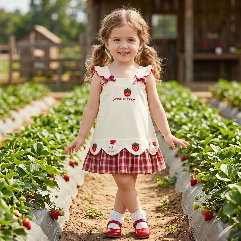 MILANCEL Summer Kids Dress 1-5T Cartoon Bunny Strawberry Girls Pinafore Dress Sweet Grid Ventilate Children Clothes