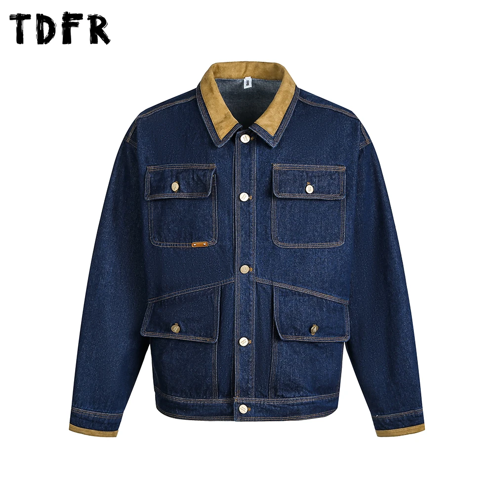 

Multi-Pocket Spliced Lapel Denim Jacket Mens Topstitch Retro Casual Autumn Single Breasted Long Sleeve Outerwear Man