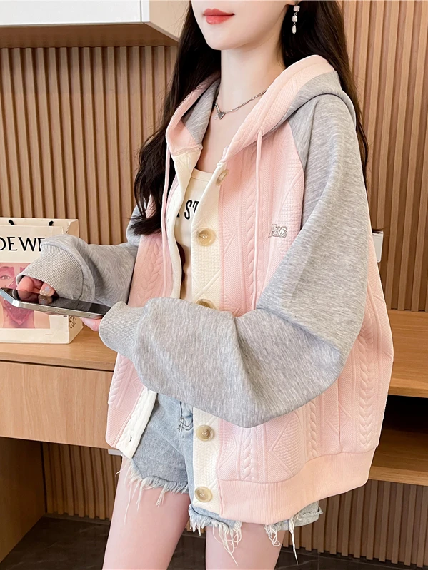 Loose Women's Hoodie Spring Autumn Color Blo Splicing Open Cardigan Jaet Large Size Comfortable Cotton Blend Korean Sle