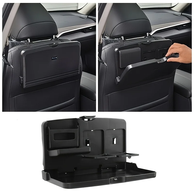 

Foldable Tray, Dual Cup Holders, Phone Slot and Plenty of Storage, Easily Mounts To Car Seat Back Backseat Organizer Features