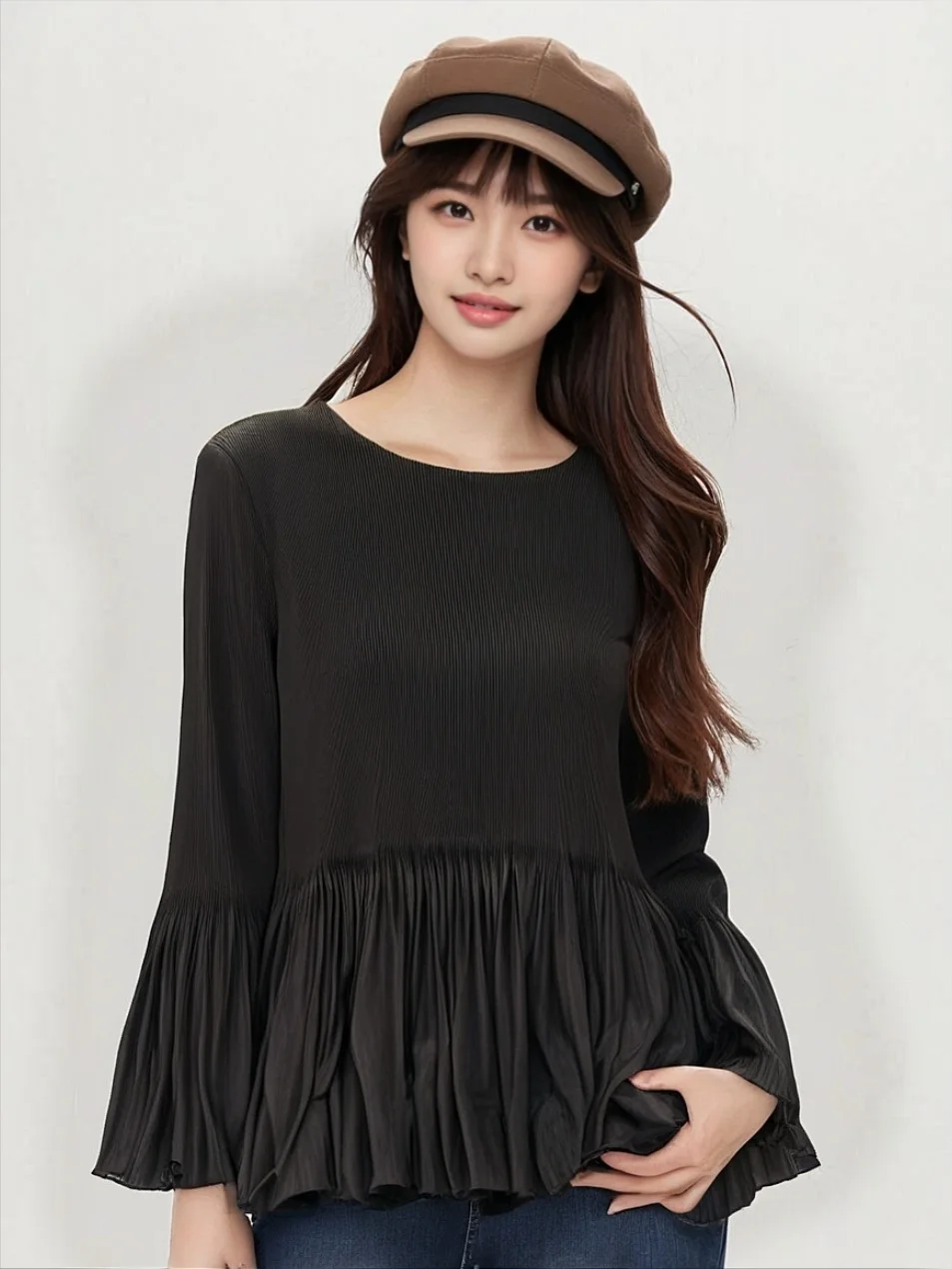 

Miyake Fold 2025 Autumn Spring New Large Size Hundred Fold T-shirt Women's Solid Color Pleats Fashion Versatile Long Sleeve Top