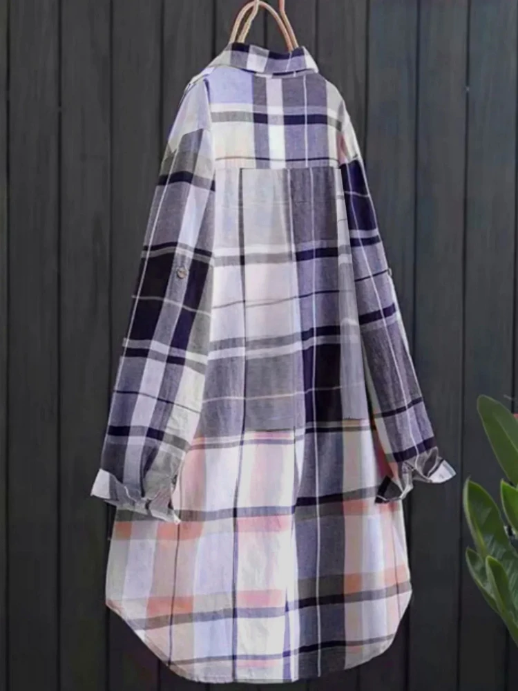 플러스 사이즈 여성 셔츠 2025 캐주얼 패션 싱글 브레스트 선 스크린 블라우스 옷깃 스퀘어 체크 무늬 탑 긴 소매의 한국 스타일