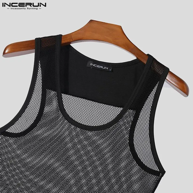 INCERUN Men Bodysuits Mesh Patchwork Transparent Sexy O-neck Sleeveless Male Bodysuit 2024 Skinny Fashion Rompers Men Underwear