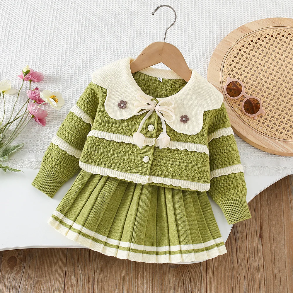 

Kids Girls 2PCS Sweater Set 0-5T Autumn Sweet Flower Baby Knitted Cardigan + Short Skirt Color Blocked Korean Children Knitwear