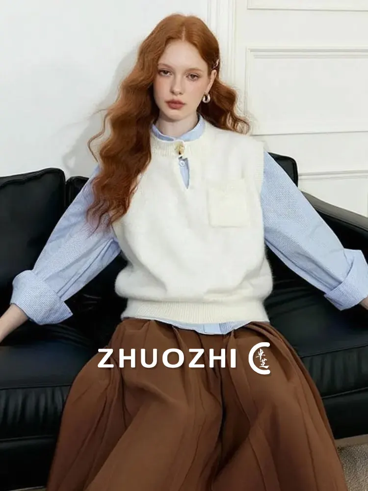 

ZhuoZhi Women's Knitted Hollow out round Ne Sweater Soft Cozy Button up Vest French Sle Loose Fit Daily Wear