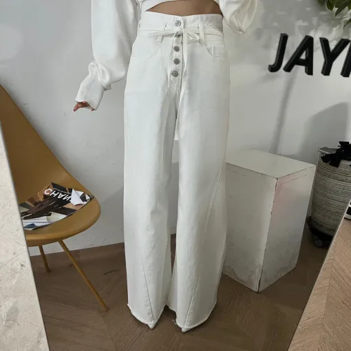 High Waist Wide Leg Denim Jeans Belted Two-Piece Cut Casual High Waist Long Pants Cotton 100% Non-Stretch Washed Finish