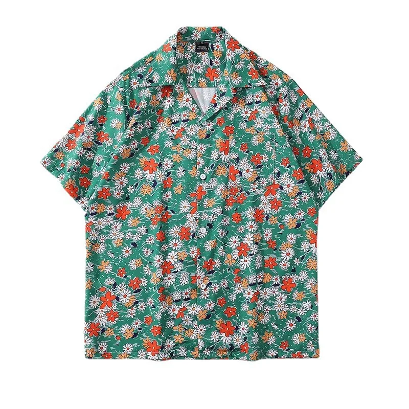 Summer Men's Flip Collar Short Sleeve Hawaiian Vitage Floral Shirt Fashion Handsome Loose Beach Holiday Printed Shirt Jacket