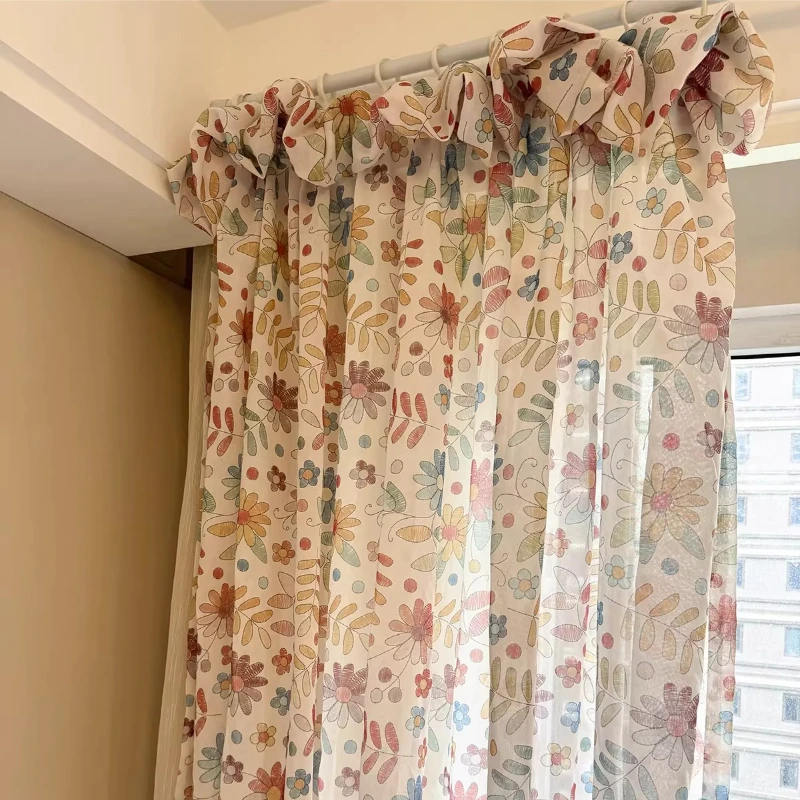 Custom Size Pastoral Style Dopamine Flower Log Cream Style Children's Light-transparent Gauze Elegant Curtain Roman Curtain