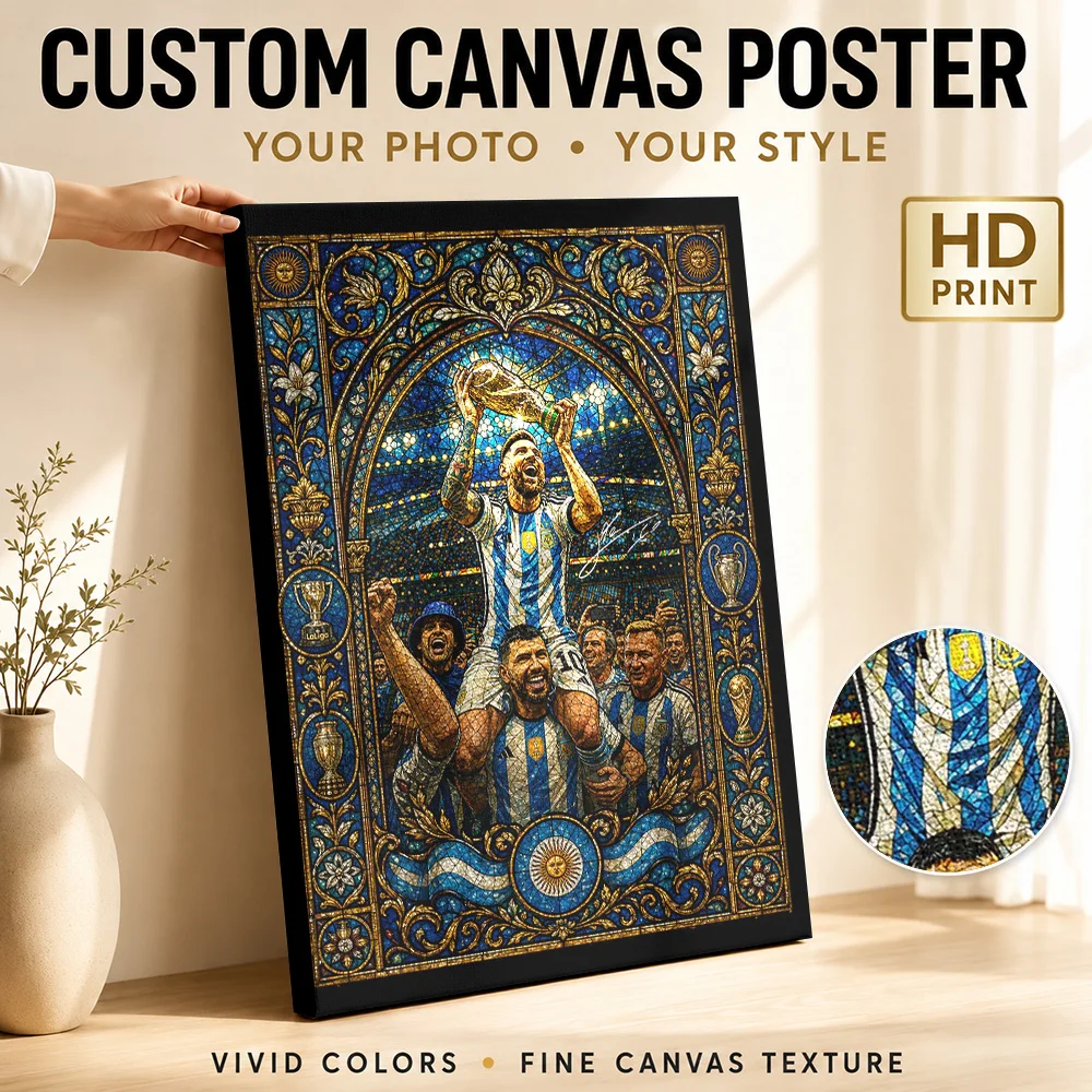 Lionel Messi Stained Glass Trophy Celebration Canvas Print Poster Custom Sports Portrait Canvas Wall Art for Bedroom Gym Decor