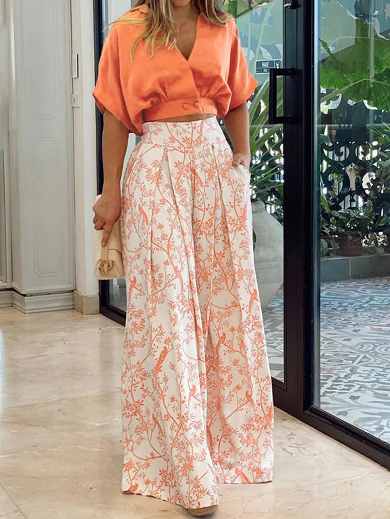 الصلبة اللون الخامس الرقبة قصيرة الأكمام الأزهار طباعة المرأة السراويل واسعة الساق شارع العليا أزياء اليومية مجموعة الصيف تنوعا