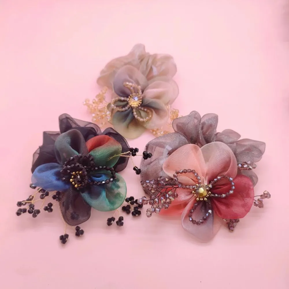 New Organza Flower Accessories Coletero Grande Para Cabello   Scrunchies  Резинки Для Волос  Crystal Hair Rope for Women\'s