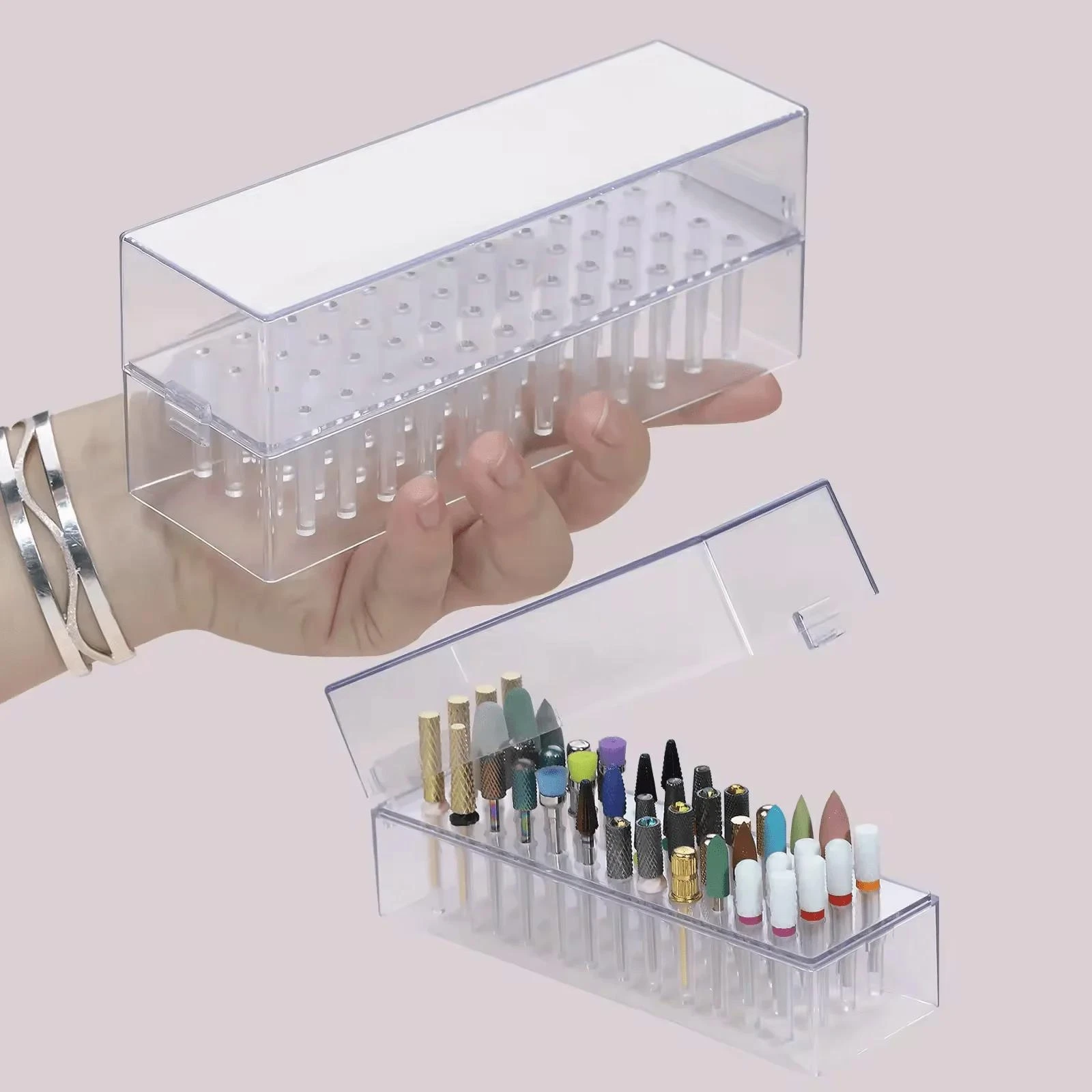 Minimalist Durable Transparent 48 Holes Nail Drill Bits Storage Box With Individual Slots For Salon And Home Use