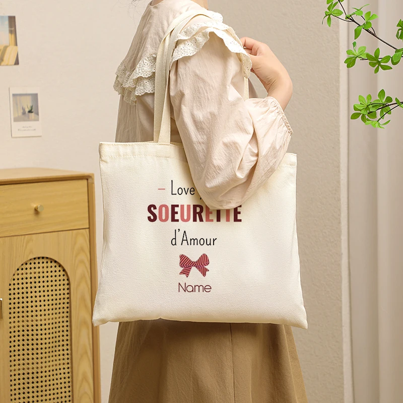 

Personalized with Name Soeurette Bow Love You Patterns Shoping Tote Bag Short Shoulder Bag for Children Christmas Birthday Gifts