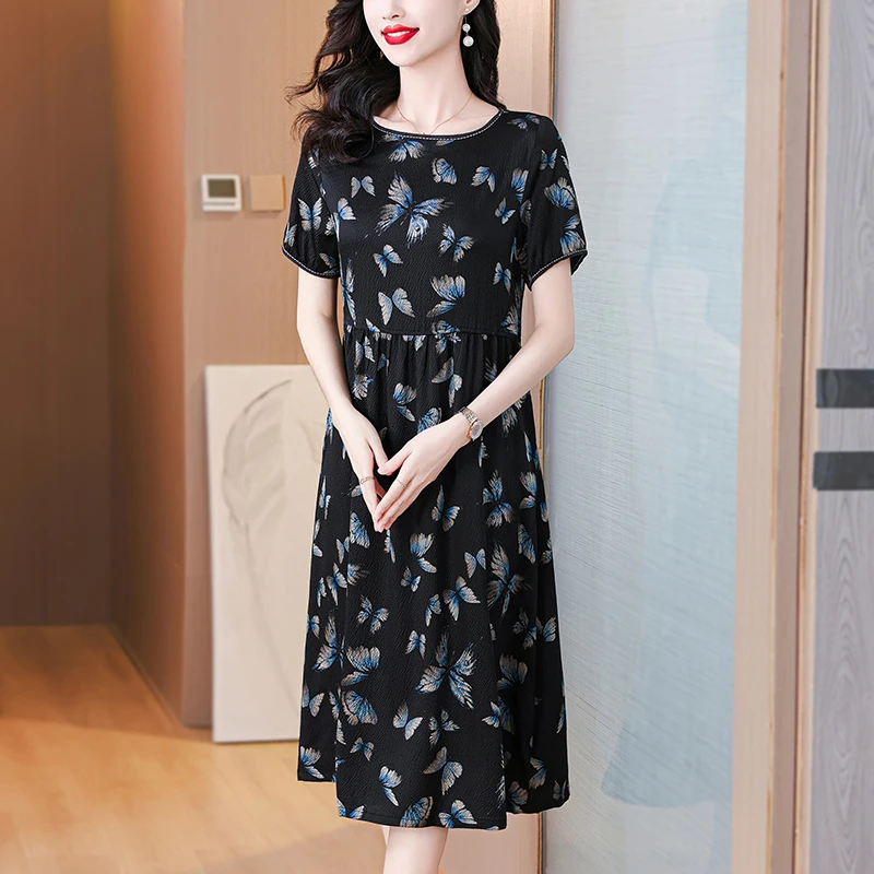 Summer Women Black Satin Vintage Luxury Bodycon Dress 2025 Office Lady Floral Silk Midi Dress Elegant Casual Night Party Vestido