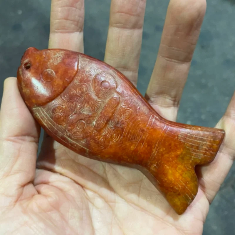 Old Chinese culture Old Jade Carved fengshui fish Jade bi statue Fengshui Decor Home Interior Ornament Collection Craft