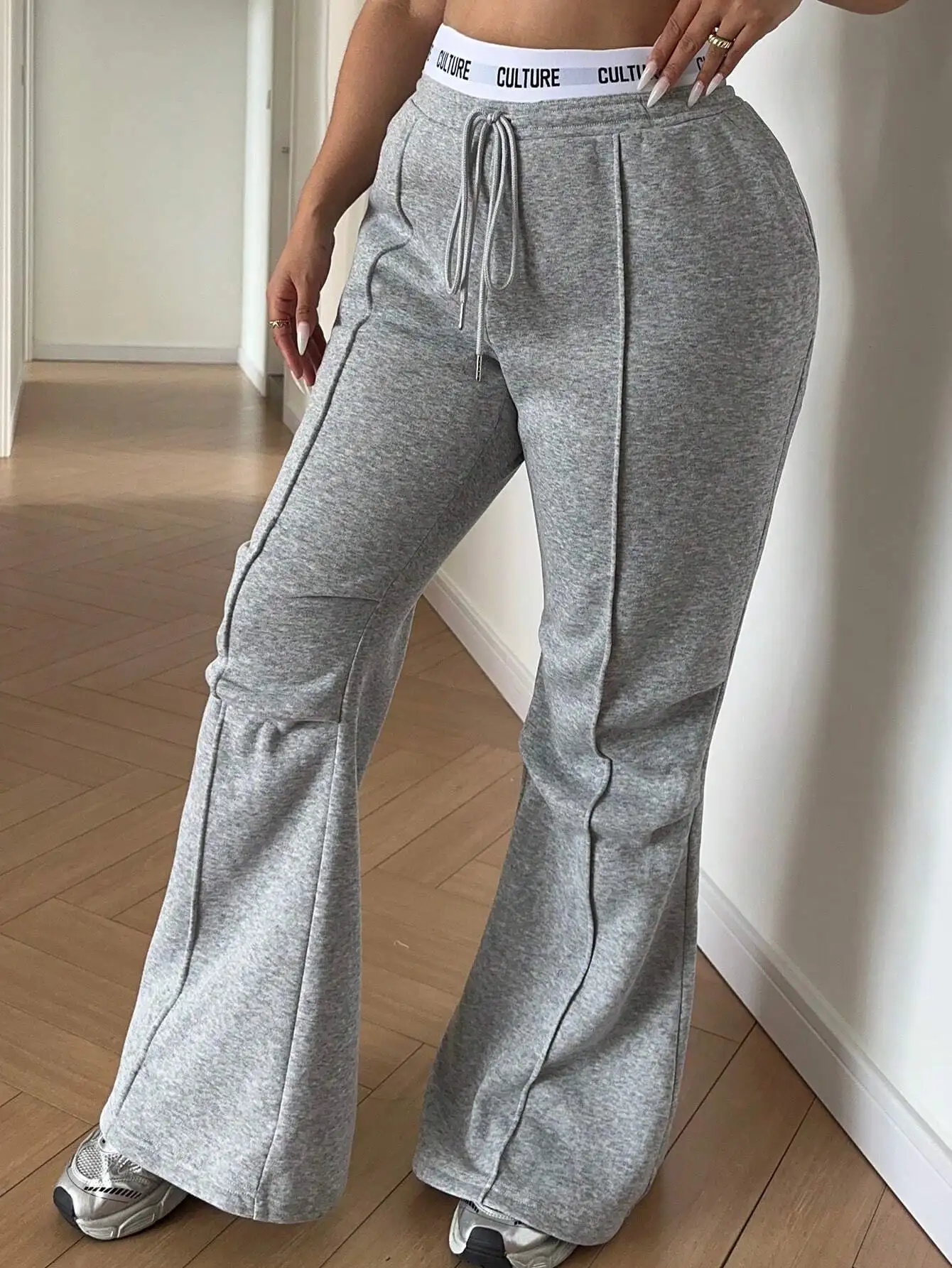 

Plus Size Casual Letter Print Waist Splice Drawstring Flared Sweatpants For Women