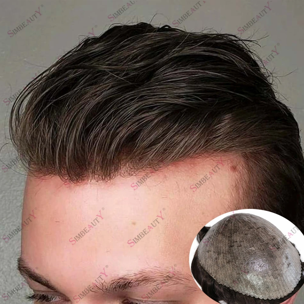 Black Human Hair Men's Durable Silicon Skin Base Hair Replacement System Durable Natural Hairline 0.1mm Thin PU Base Cheap Wigs