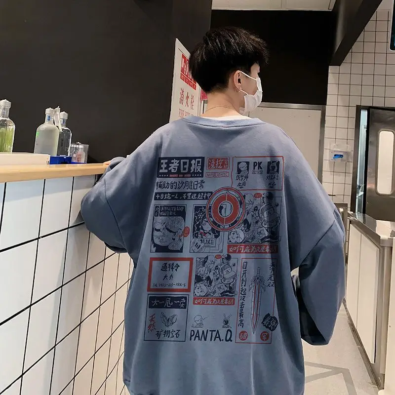 2023 New Spring and Autumn Fashion Korean Edition Trendy Loose Casual Round Neck Print Pullover Boys' Hatless Oversize Sweater