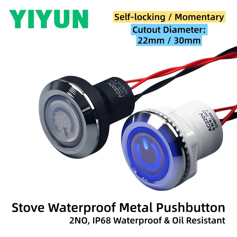1PC Stove Metal Pushbutton Switch 2NO IP68 Waterproof Oil Resistant 22mm 30mm Self-locking / Momentary LED Power Button