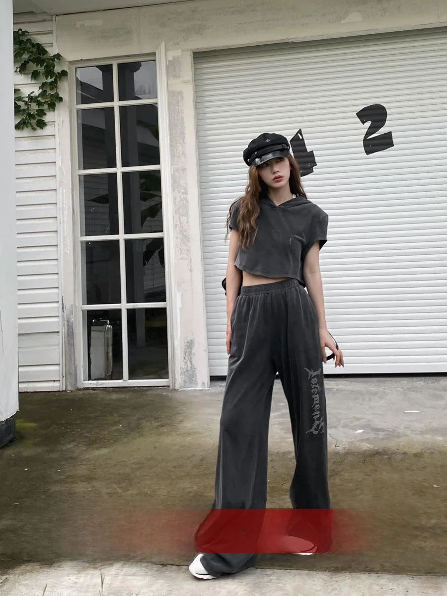 

Casual Diamond Decorated Hoodie ort Top Women Loose Straight Wide Leg Pants Long Trousers Set Faionable Autumn Outfit