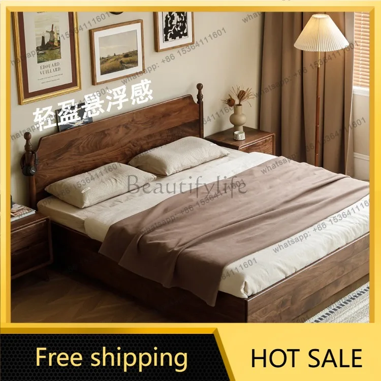 Factory Direct Sales North American Black Walnut All Solid Wood High Box Bed Medium Ancient Air Pressure Suspension Bed