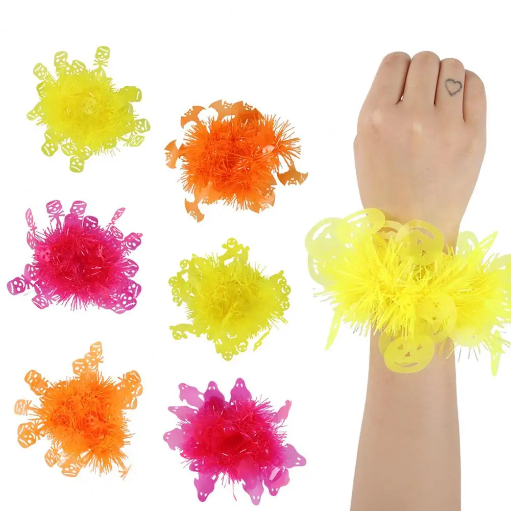 Halloween Wrist Corsage for Party Halloween Wrist Cuff Bracelet with Fluorescent Ghost Pumpkin Skull Bat Soft Fluffy Furry